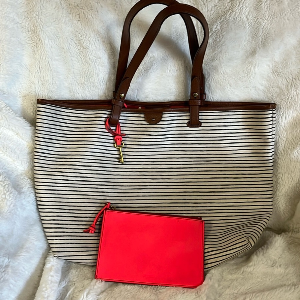Fossil stripped cream and black Rachel tote bag with bright neon zipper wallet
